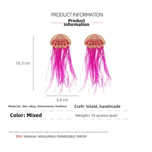 Detailed view of rhinestone jellyfish earrings with pink ostrich feather tassels and dimensions