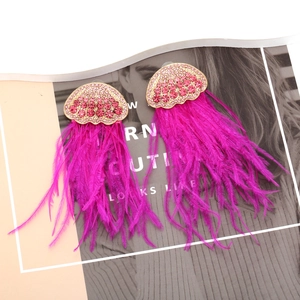 Long pink crystal jellyfish earrings with ostrich feather tassels and gold shell base
