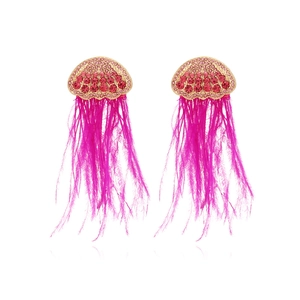 Jellyfish Shell Shape Long Tassel Dangle Earrings For Women With Zinc Alloy Rhinestones Faux Artificial Pearls And Ostrich Feathers
