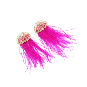 Long pink ostrich feather earrings with sparkling rhinestone scallop top and bohemian fringe
