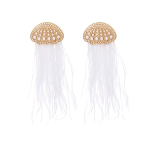 Golden shell earrings with white pearls and long ostrich feather tassels for women
