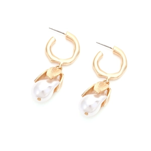 Vintage gold hammer-textured hoop earrings with elegant white teardrop pearl drops