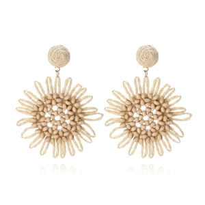 Handmade Raffia Sunflower Beaded Drop Earrings For Women Bohemian Summer Beach Vacation Alloy Jewelry Accessory