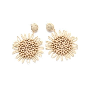 Bohemian handmade raffia sunflower earrings with beaded centers and fringe detail