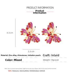 Detailed view of colorful butterfly earrings with rhinestones and pearls sizing 4.3x3.3cm