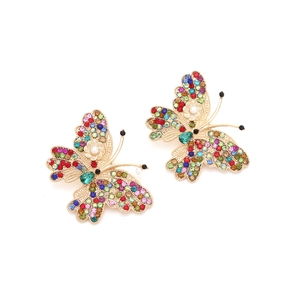 Colorful butterfly earrings with crystals and white pearls on gold-plated metal base