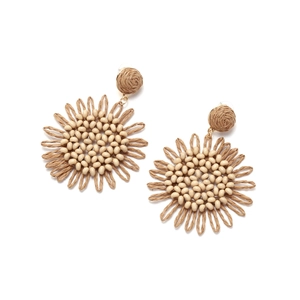 Bohemian handmade raffia sunflower earrings with bead centers and gold metal hooks