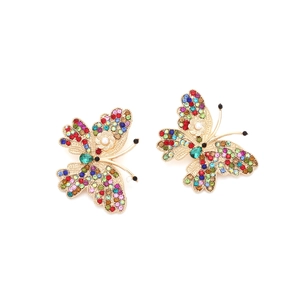 Colorful butterfly earrings with crystal rhinestones and white pearl in gold finish