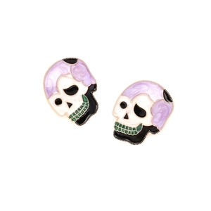 Detail of gothic skull earrings with colorful enamel oil drip finish and gold outlines