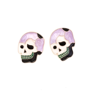 Skull stud earrings with enamel details and lavender textures for Halloween jewelry