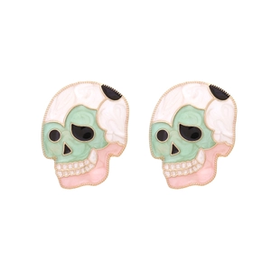 Skull stud earrings with colorful enamel oil drop design and gold metal accents