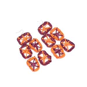 Bohemian handmade raffia earrings with purple and orange geometric woven drop pendants