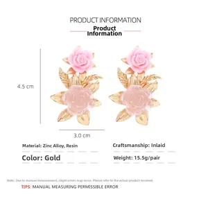 Detailed view of 3D resin flower earrings with gold leaves and product dimensions