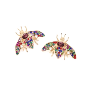 Boucles d'oreilles abeille en strass colorés et perles d'imitation sur base dorée