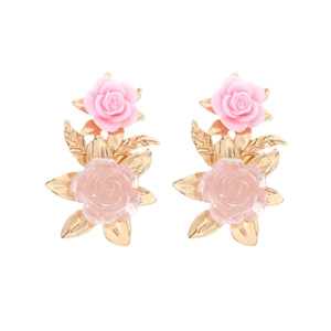 Retro resin flower earrings with pink double roses and gold leaf accents on white background