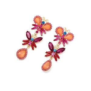 Bohemian style butterfly drop earrings with colorful crystals and gold-plated alloy