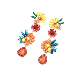 Boho-Ohrhänger mit bunten Strassblumen und orangefarbenem Tropfenstein-Anhänger