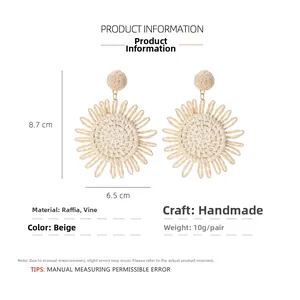 Detailed size guide for handmade beige raffia flower earrings with rattan weaving