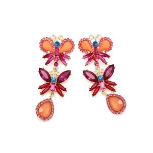 Chic gold-tone butterfly drop earrings with colorful crystals and orange teardrop gems