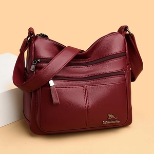 Women Crossbody Shoulder Bag PU Leather Lychee Pattern Multi Zipper Large Capacity Casual Messenger Handbag