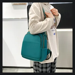 Vue détaillée du sac à dos en nylon sarcelle avec fermetures éclair dorées et poches latérales