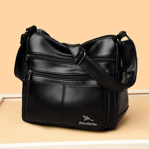 Black pebbled leather crossbody bag for women with multi-zipper pockets and kangaroo logo