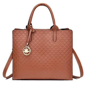 Brown quilted PU leather tote bag with leaf pendant and detachable shoulder strap