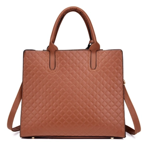 Caramel quilted faux leather handbag with diamond lattice pattern and top handles