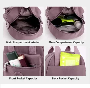 Detail view of purple nylon crossbody bag showing multiple storage compartments and pockets
