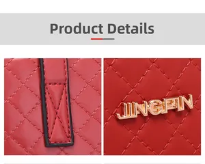 Dettaglio borsa in pelle rossa trapuntata con logo dorato JINGPIN e cuciture fini