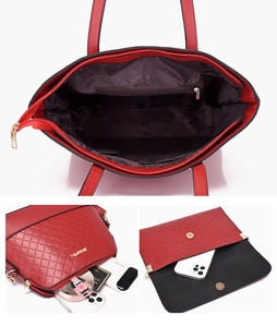 Dettaglio della borsa tote rossa trapuntata con logo dorato, fodera e tasche interne