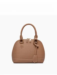 Detailed front view of khaki shell handbag with elegant crocodile texture and gold hardware