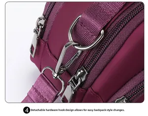 Dettaglio della chiusura a moschettone argento e anello a D su borsa in nylon viola