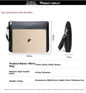 Size comparison of casual men's clutch bag with dimensions 24x18x2cm and iPad Mini