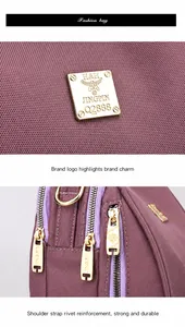 Dettaglio della placca logo dorata e delle cerniere sulla borsa in nylon viola