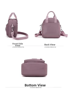 Detailed views showing the side, back, and bottom of the purple nylon crossbody bag