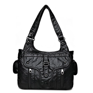 Washed black vintage soft leather shoulder bag with multi-pockets and a large capacity