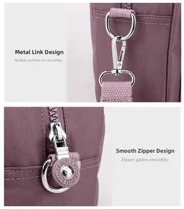 Close-up of polished metal D-ring and zipper head on purple nylon shoulder bag