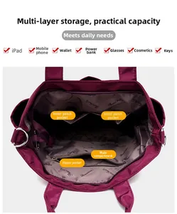 Internal structure of large purple nylon crossbody bag showing multi-pocket storage