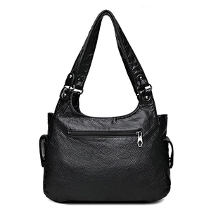 Classic black leather handbag with large capacity and double side pockets for women