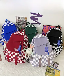 Detail view of five checkered backpacks in blue, burgundy, green, purple and black