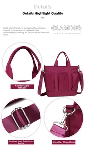 Detail view of burgundy nylon tote bag with adjustable strap and metal hardware
