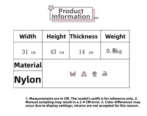 Size chart for the nylon backpack showing dimensions 31x43x14 cm and 0.8kg weight