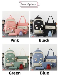 Detail view of the 5-piece canvas backpack set showing four colors and various accessories