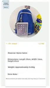 Spécifications détaillées de taille pour sac à dos en nylon, dimensions 30x14x43cm