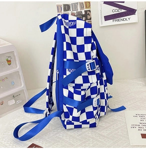 Detail of blue checkerboard backpack showing side adjustable buckle and storage pocket