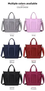 Multi-color nylon tote bags displayed in six variants with front pockets and straps
