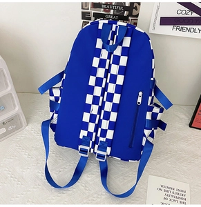 Detail view of checkerboard backpack back featuring anti-theft zipper and padded straps