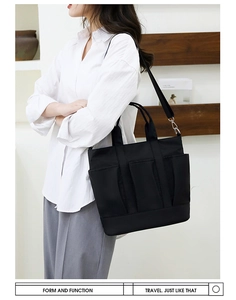 Detail view of large black nylon shoulder bag with multiple front pockets and top handle