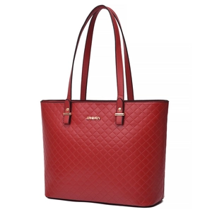 Borsa tote rossa in similpelle trapuntata con logo JINGPIN dorato e manici lunghi a spalla
